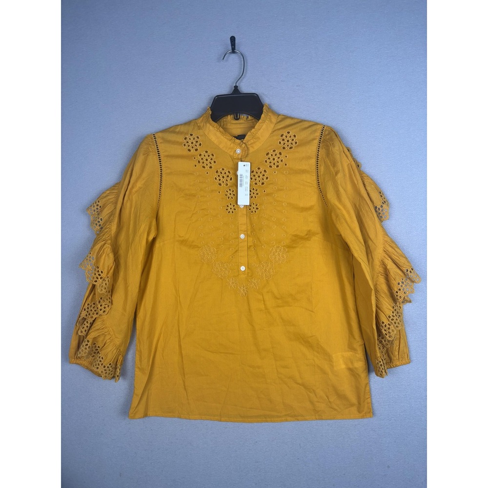 J Crew Blouse Womens XS Yellow Embroidered Ruffle Bell Sleeve Top High Neck